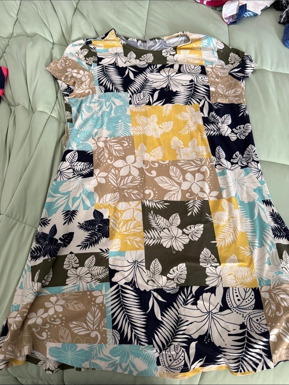 Patchwork Floral Short Sleeve Dress in Yellow, Aqua, Navy & Olive - large